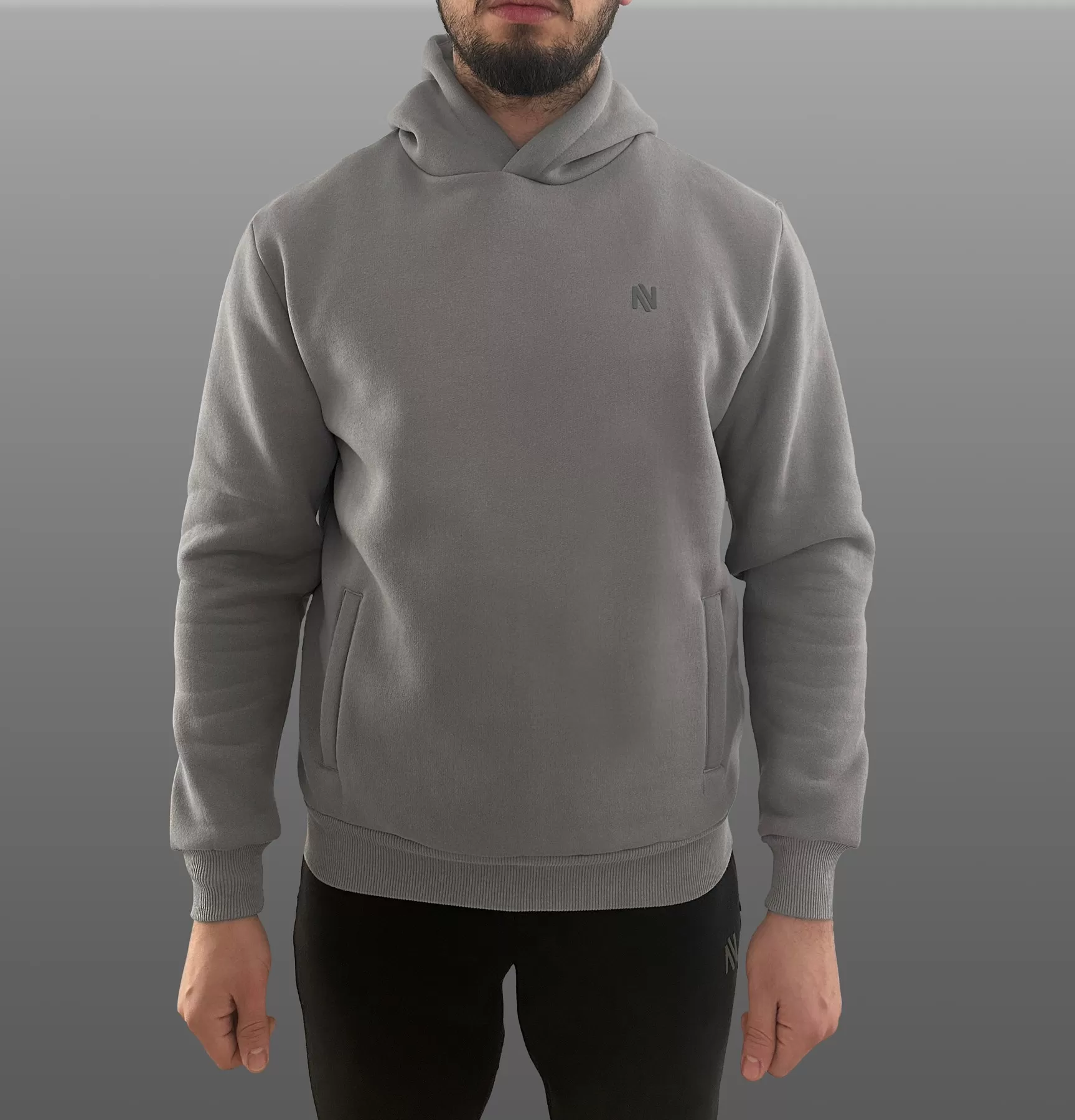 Gri Kapüşonlu Sweatshirt| Fleto Cep Detaylı Reflektör Baskılı Şardonlu